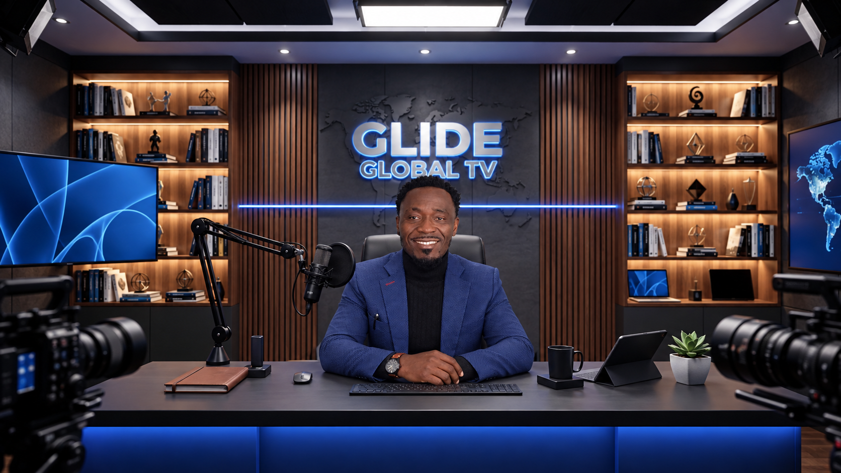 Nurudeen's AI Avatar sitting in the GLIDE GLOBAL TV broadcast studio